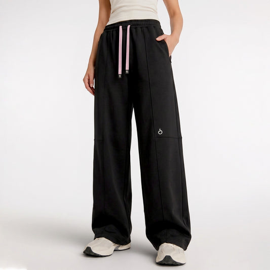 Meryia LAYN black straight-fit pants with an elastic drawstring waistband and light pink accents | Meryia مِرية