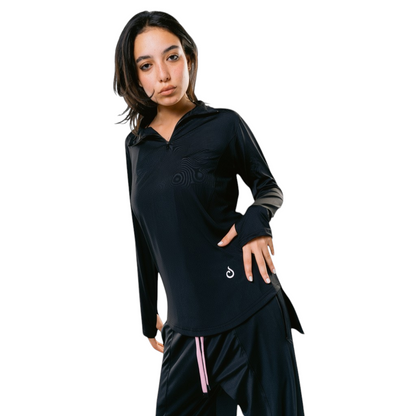Meryia black long sleeve zip top made from lightweight, breathable fabric with a half-zip neckline and subtle seam detailing. | Meryia مِرية
