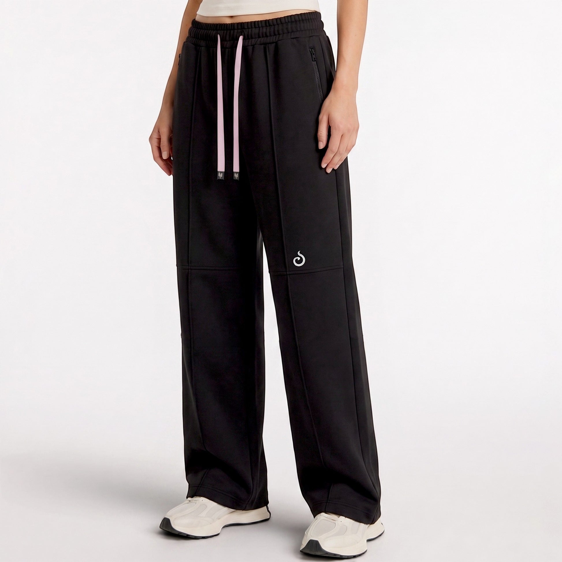 Meryia LAYN black straight-fit pants with an elastic drawstring waistband and subtle logo detail for daily movement.