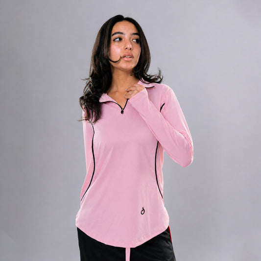 Meryia RASM blush pink long-sleeve half-zip top with black seam detailing on a model | Meryia مِرية